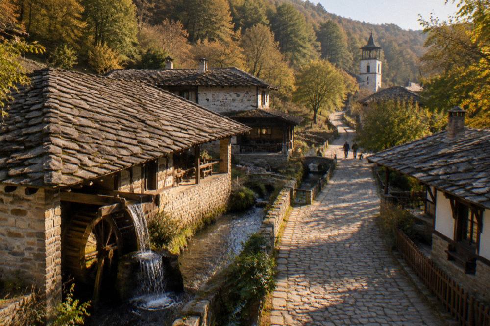 Country road winding through forested Balkan hills toward a village church tower