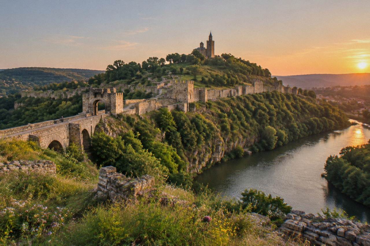 The walled hill of Tsarevets Fortress rising above the Yantra river at dusk in Veliko Tarnovo