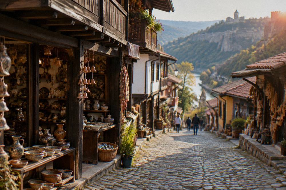 The stone street of Samovodska Charshiya lined with small craft workshops in daylight
