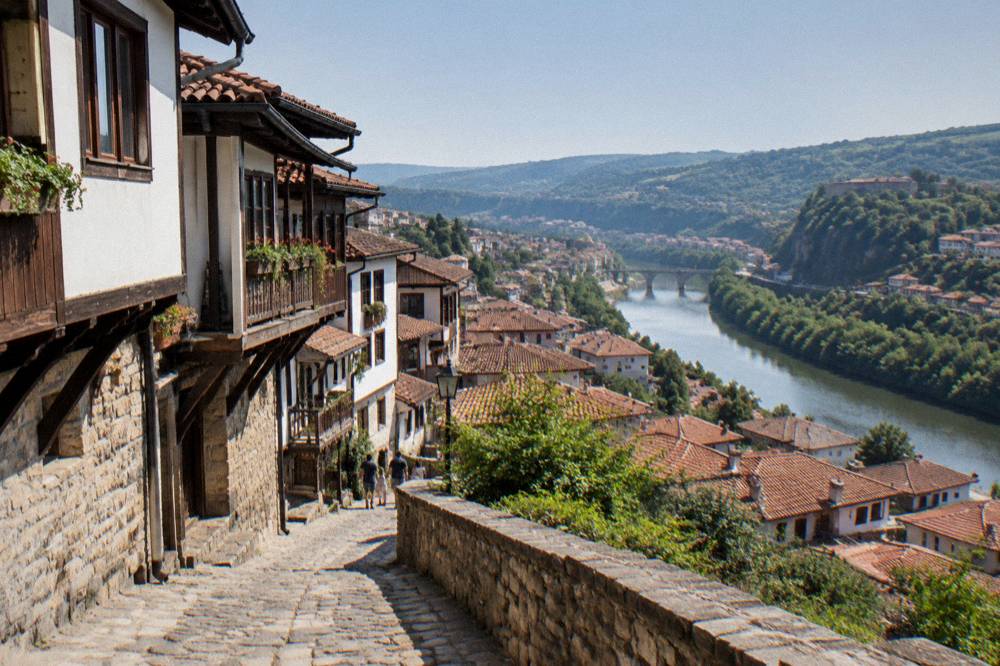 A view over the red roofs of Veliko Tarnovo and the winding Yantra river gorge below
