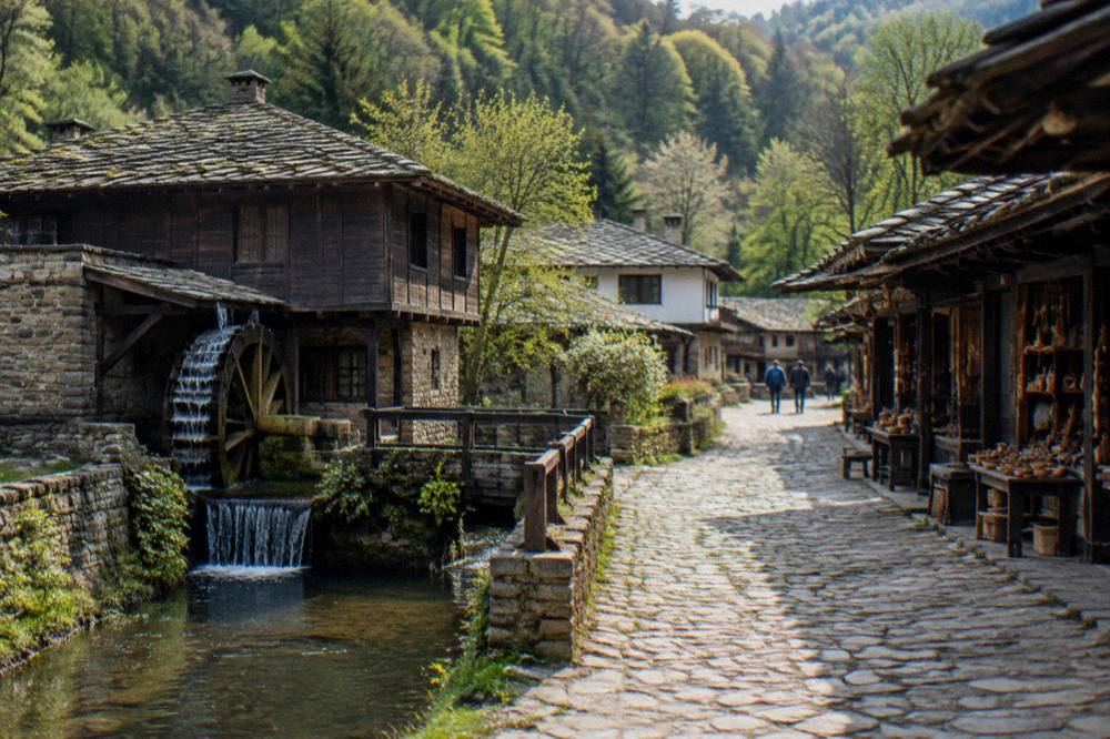 A traditional crafts street with wooden shopfronts and cobblestones at an open-air museum near Veliko Tarnovo