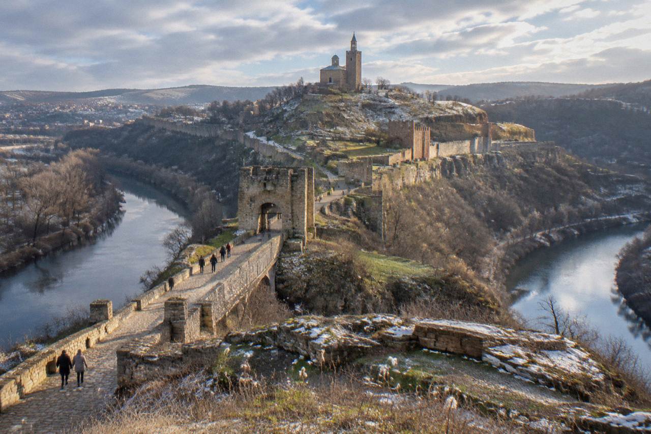 Tsarevets Fortress hill above the Yantra river under a winter sky in Veliko Tarnovo