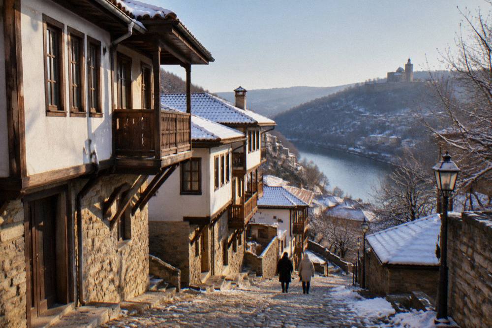 Snow-covered rooftops along a street in the old town of Veliko Tarnovo