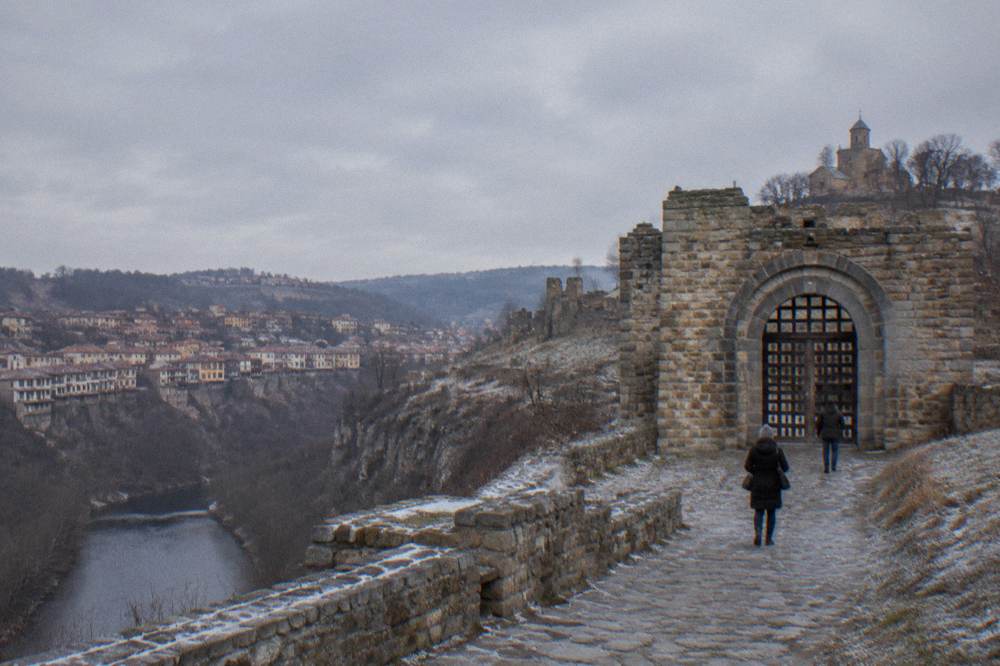 The locked gate of Trapezitsa Fortress on a grey winter day in Veliko Tarnovo