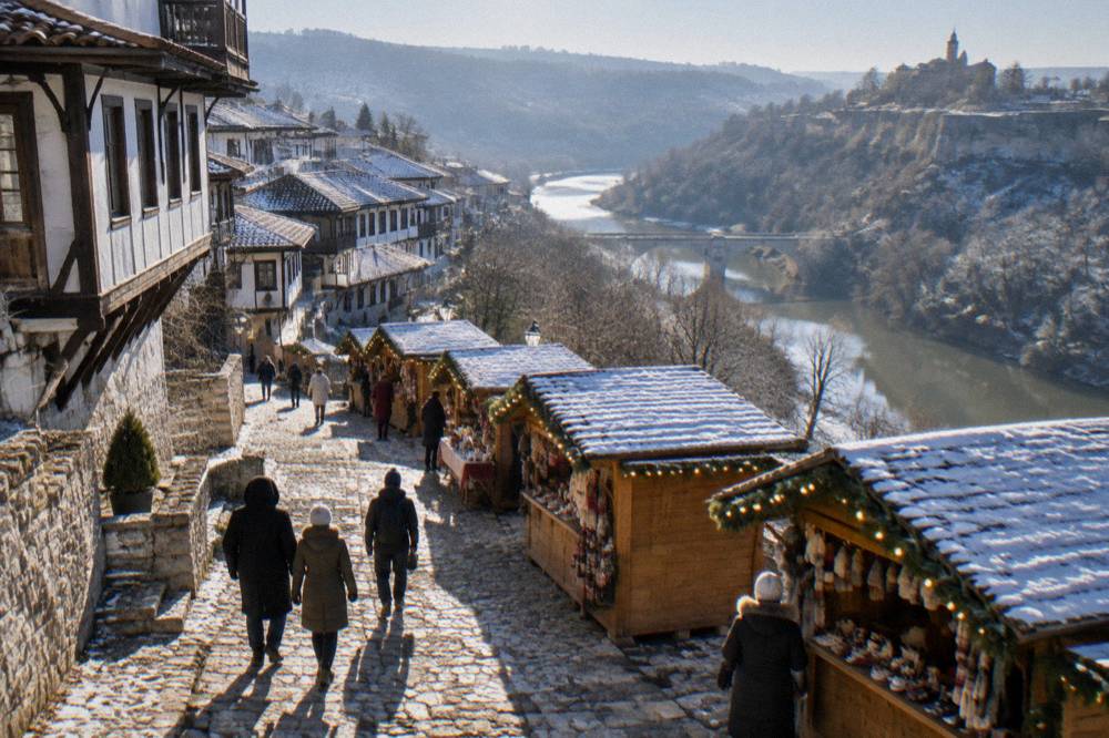 Wooden market chalets with festive lights in Marno Pole park in Veliko Tarnovo