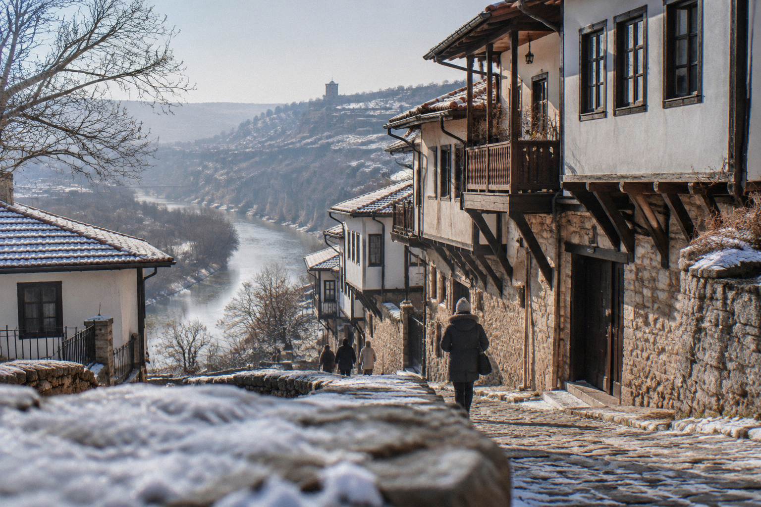 Quiet old-town lane in cool winter light