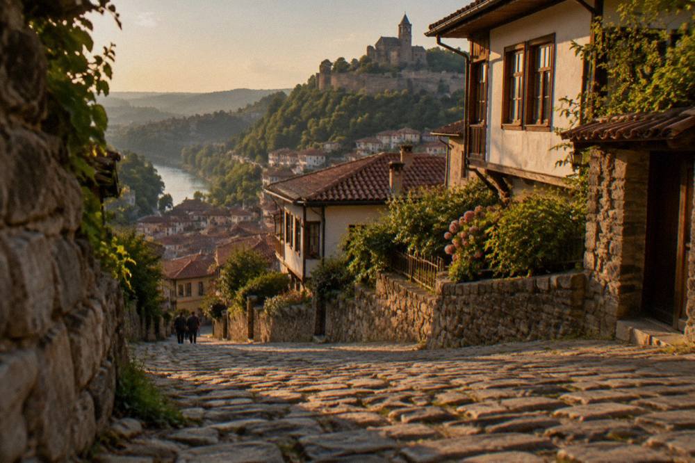 Cobbled historic street in the Varosha quarter with traditional houses