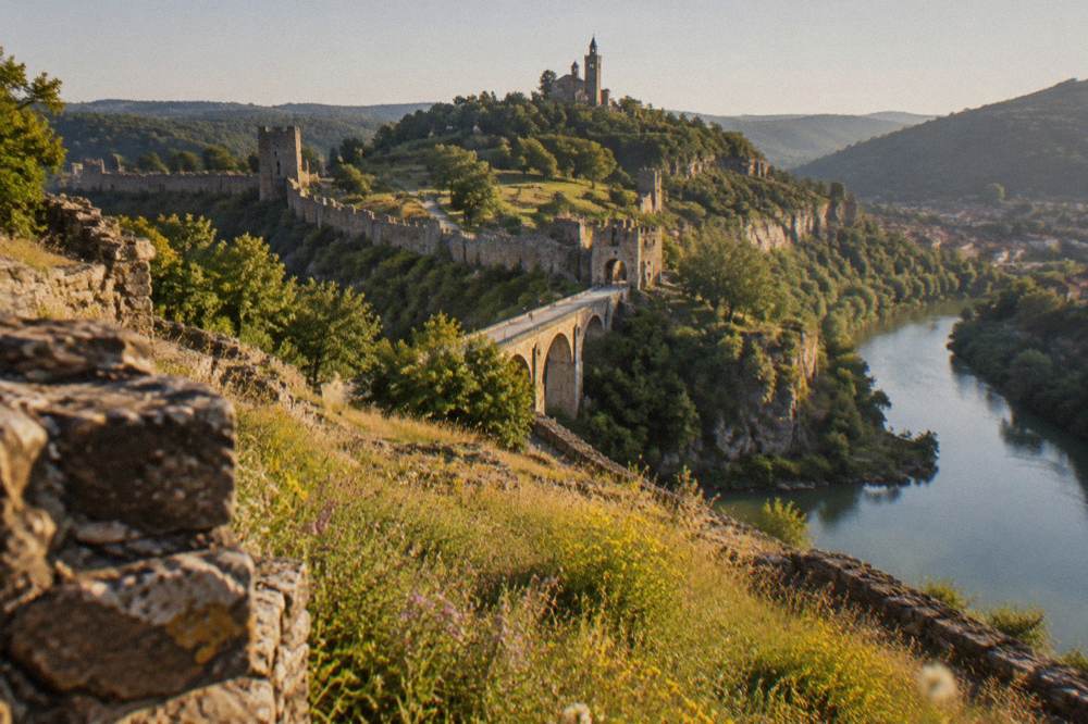 Stone fortification walls of Tsarevets Fortress above the river