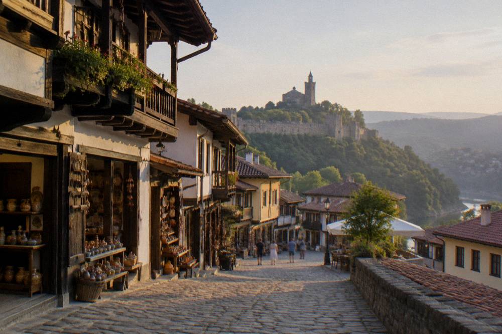 Evening light on the fortress hill seen from a city square