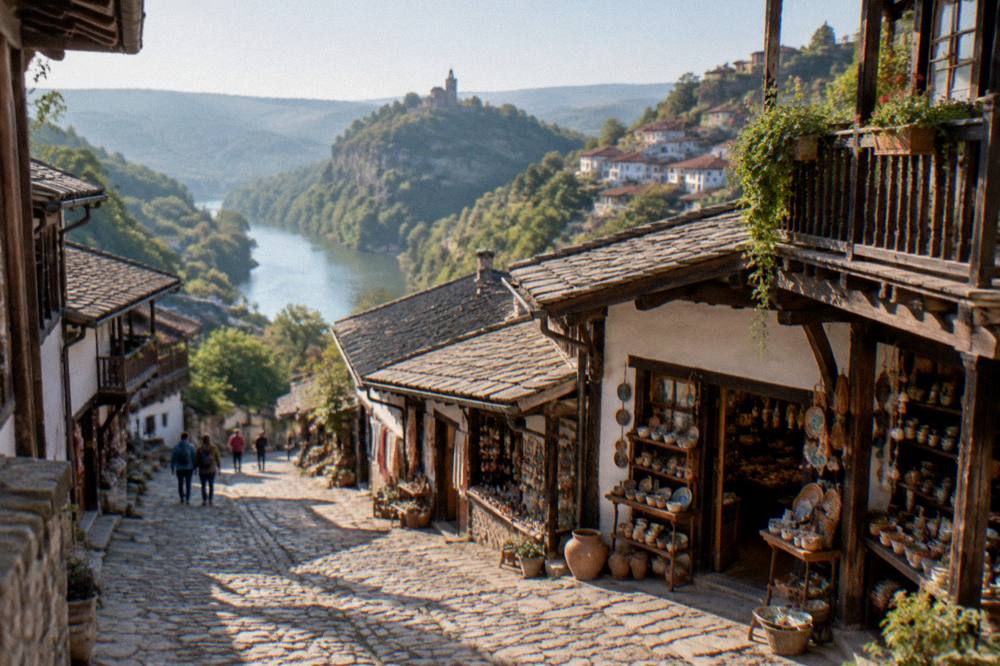 Village houses on a hillside above the river valley