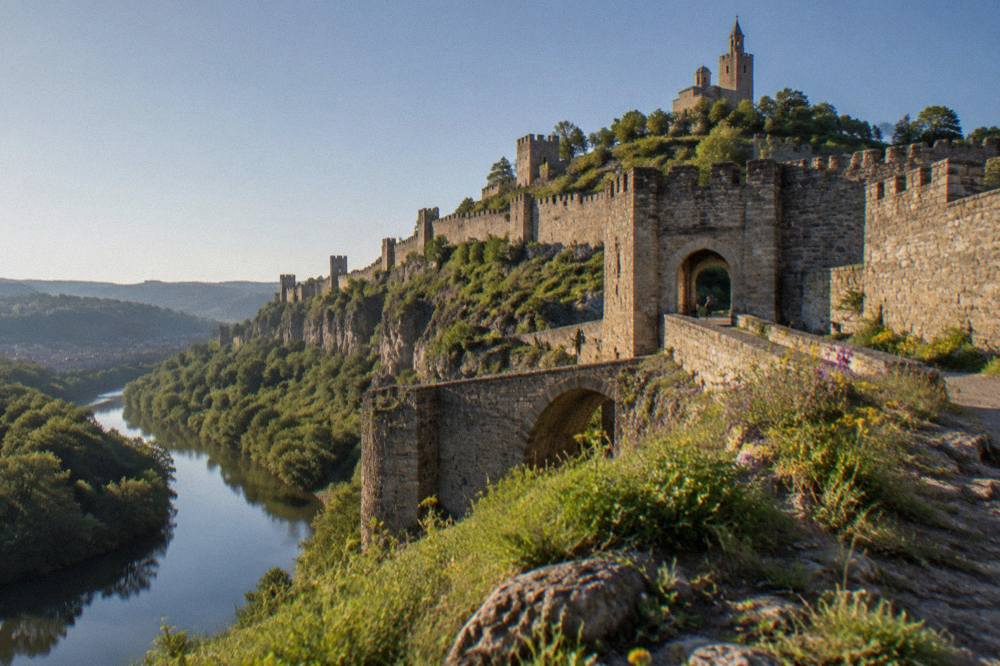 Stone fortification walls of Tsarevets Fortress rising above the river bend