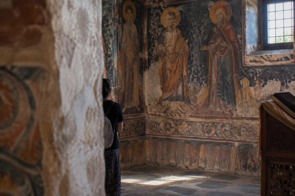 Frescoed interior wall of a medieval church in Arbanasi