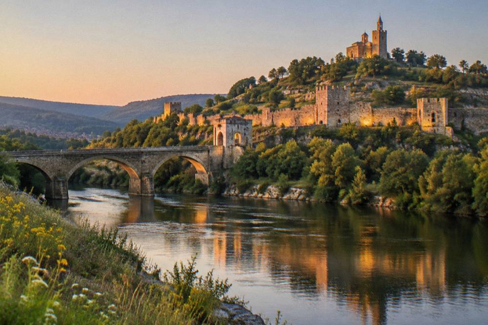 Evening lights of Tsarevets Fortress seen from across the Yantra river