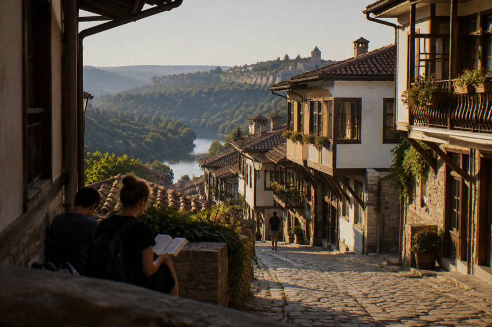 Travellers reading a map at a viewpoint above the red roofs of the old town