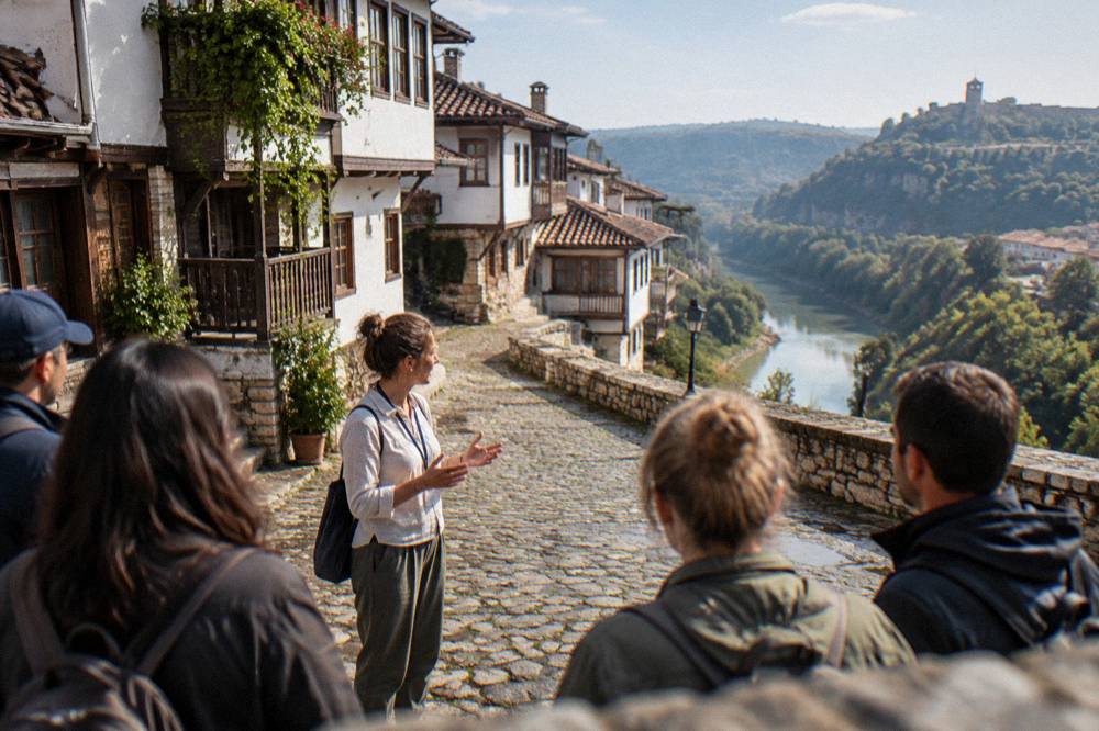 A guide speaking to a small group on a cobbled square in Veliko Tarnovo