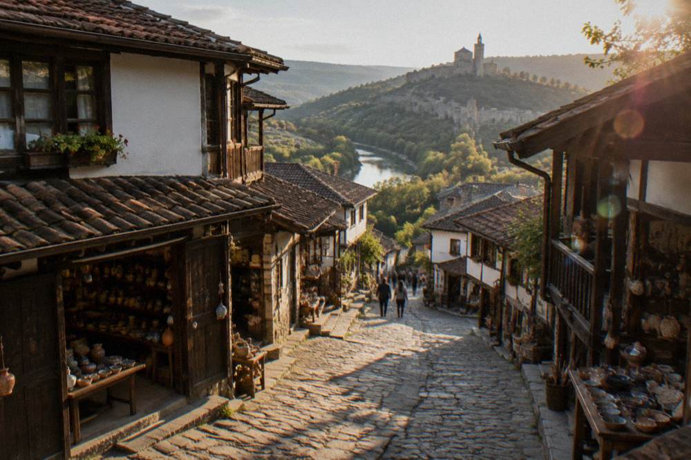 Traditional wooden shopfronts along the artisan street Samovodska Charshiya