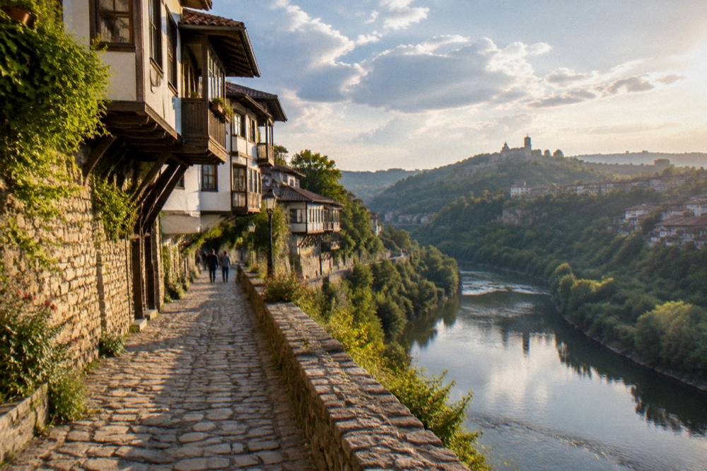 A riverside path beneath the old houses of Veliko Tarnovo at golden hour